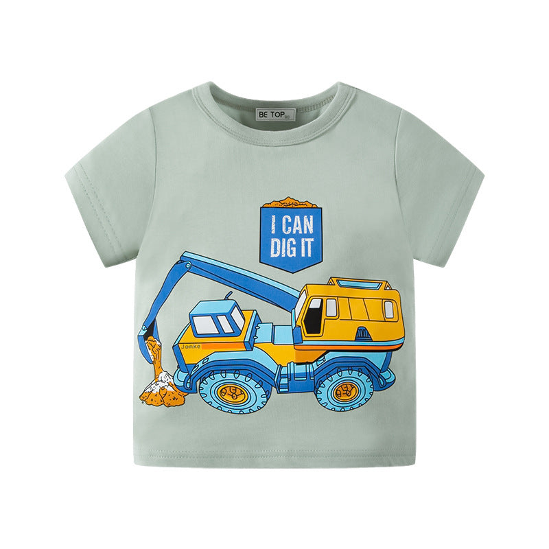 2024 Summer Children's Cartoon Car Short Sleeve T-shirt Excavator Printed Top Baby Clothes Children's Clothing Trendy Delivery 