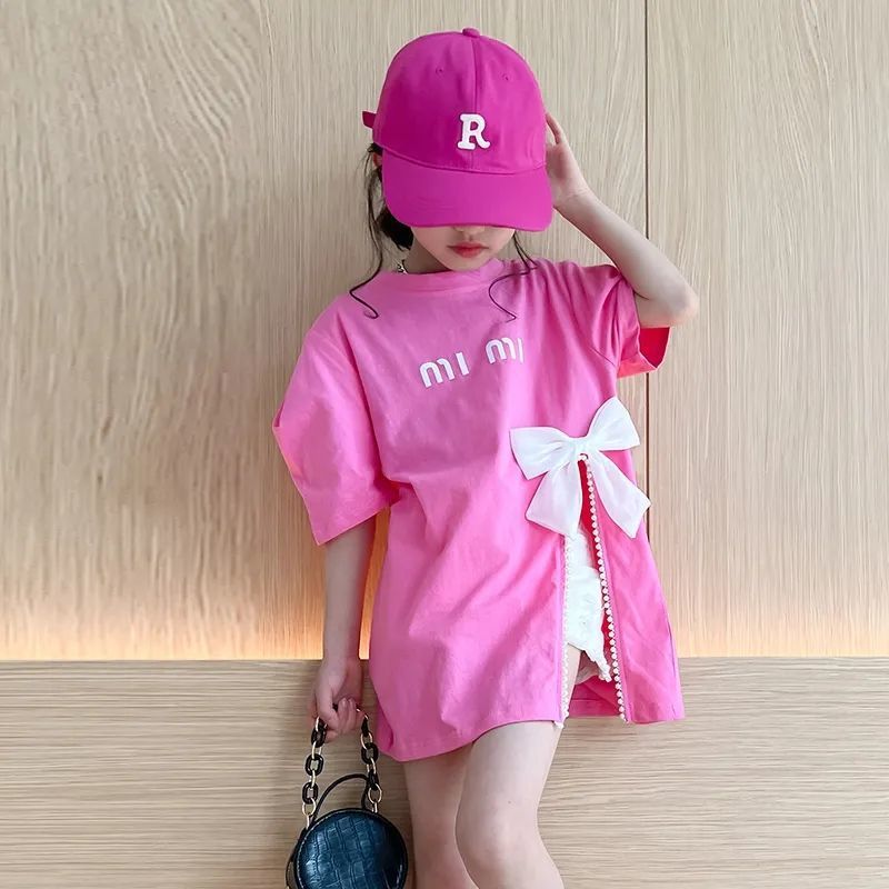 2023 new summer girls' bow T-shirt mid-length slit Korean version trendy fashion top short-sleeved medium and large children 