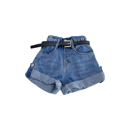 Korean children's clothing 2024 spring new children's shorts girls stylish curled jeans small and medium children's flower bud hot pants 