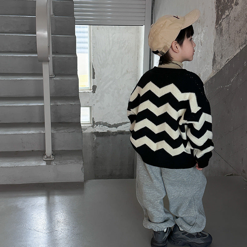 [Clearance Sale] Children's 2023 Winter Thickened Sweater Jacket Boys and Girls Black and White Striped Knitted V-Neck Cardigan 