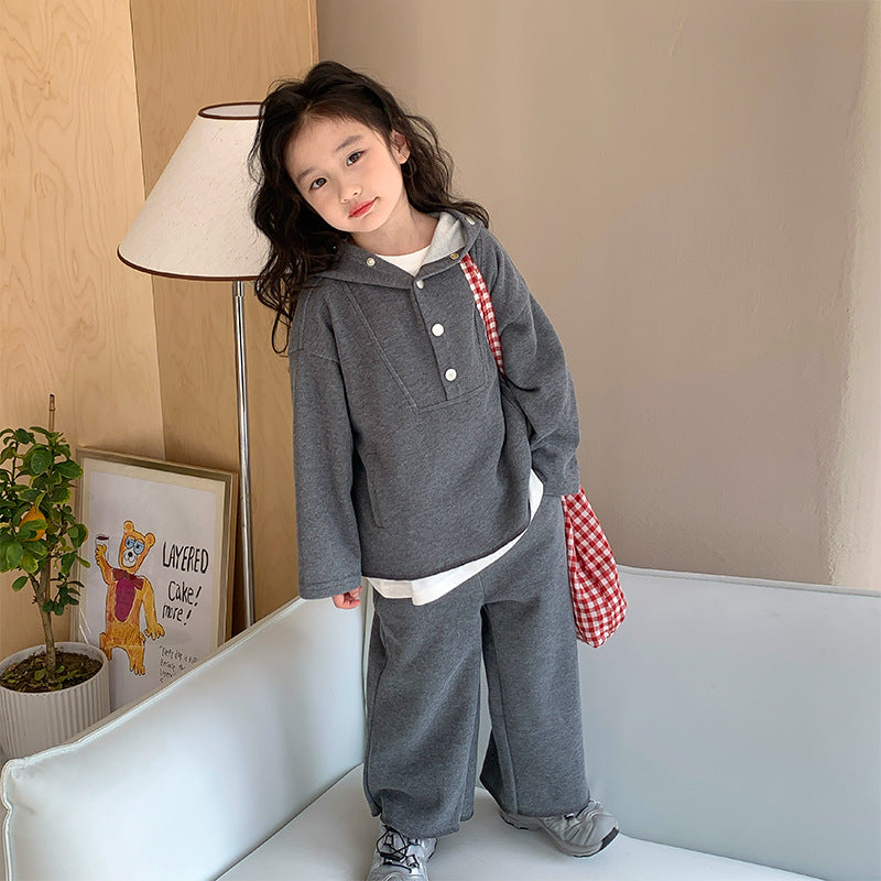 Korean children's clothing 2024 spring new girls suit children's stylish hooded sweatshirt wide-leg pants two-piece suit 