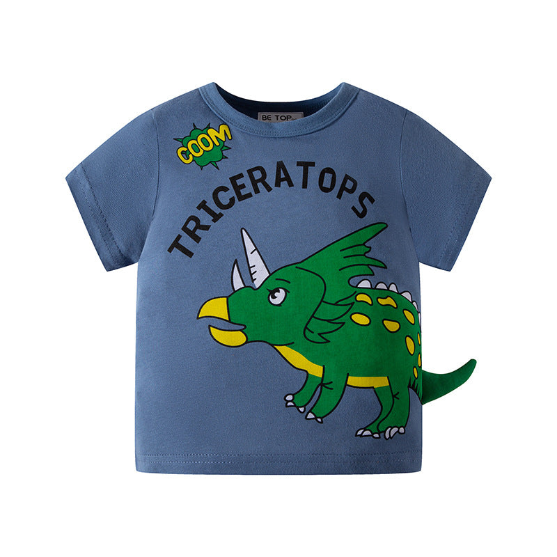 New children's short-sleeved T-shirt with cartoon dinosaur prints for boys, pure cotton tops for summer, Korean style, round neck, one piece for delivery 