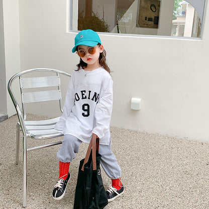 Korean children's clothing 2023 spring new children's pure cotton long-sleeved bottoming shirt girls fashion print loose T-shirt trend 