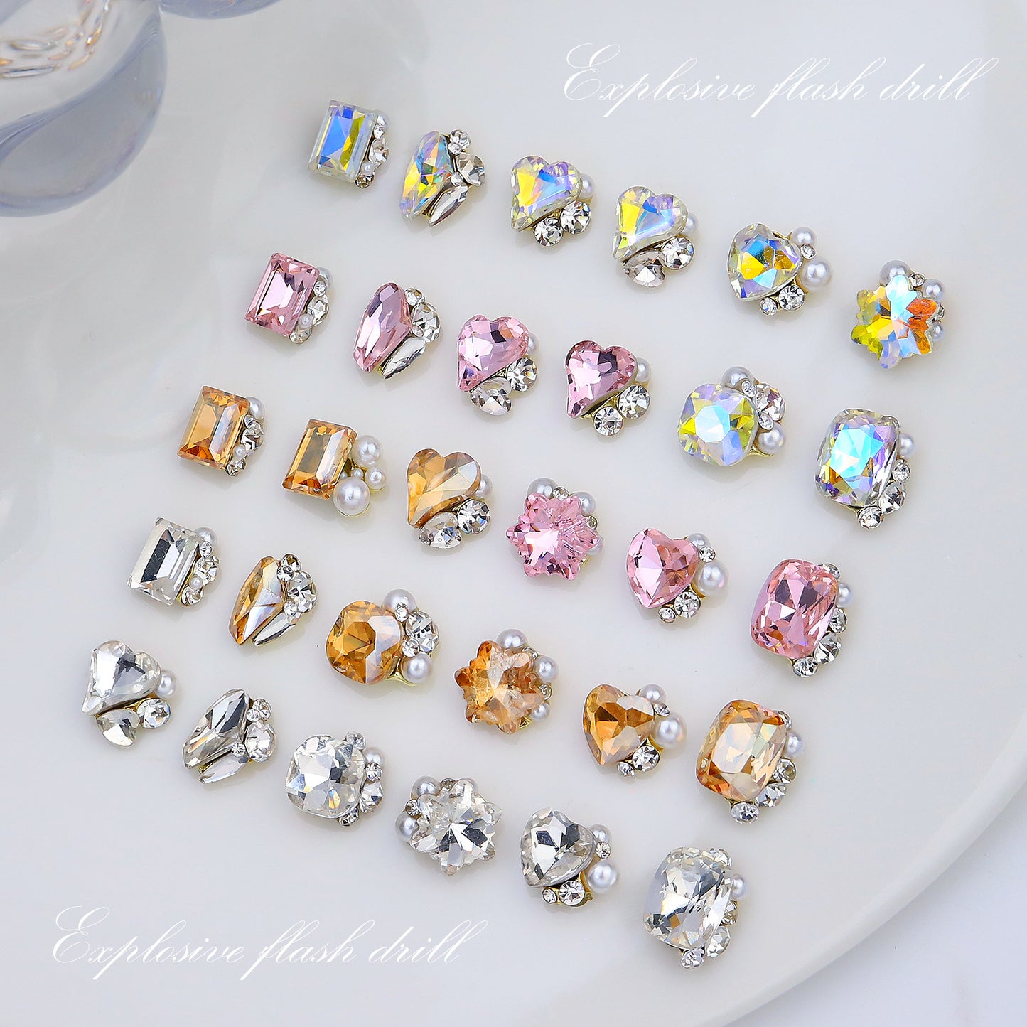 Internet celebrity popular nail art crystal pile diamond finished product super flash crooked heart rectangular handmade pearl nail decoration wholesale 