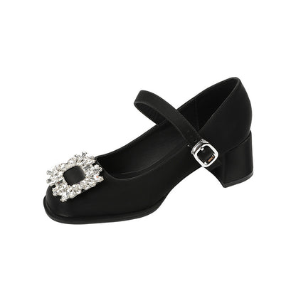 JH628-3 Shallow mouth mid-heel single shoes women's rhinestone square buckle one-word belt buckle chunky heel French Mary Jane shoes