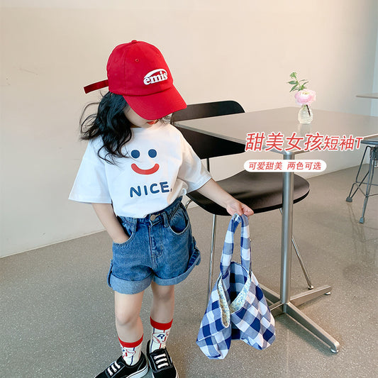 Korean children's clothing 2024 summer children's short-sleeved bottoming shirts for boys and girls with smiley face prints loose T-shirts and stylish tops 