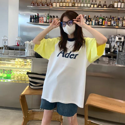 2023 ADER splicing contrast color raglan shoulder short-sleeved women's summer loose T-shirt oversize half-sleeved trendy top 