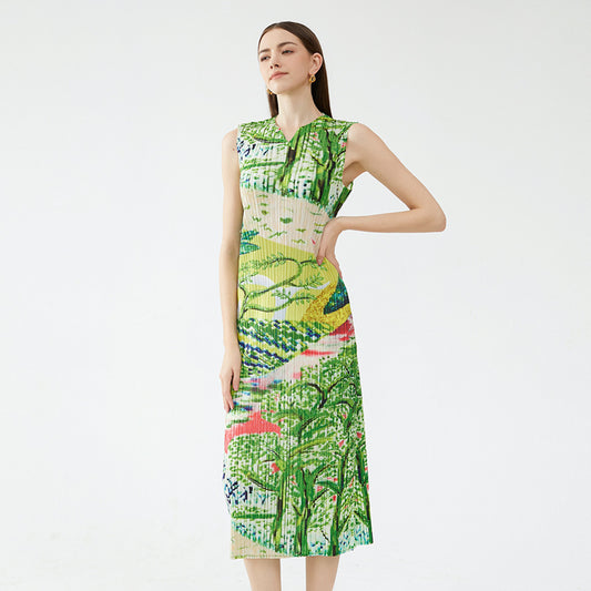 Summer green printing and dyeing dress 2023 new sleeveless small V-neck slim and slim temperament A-line long skirt for women 