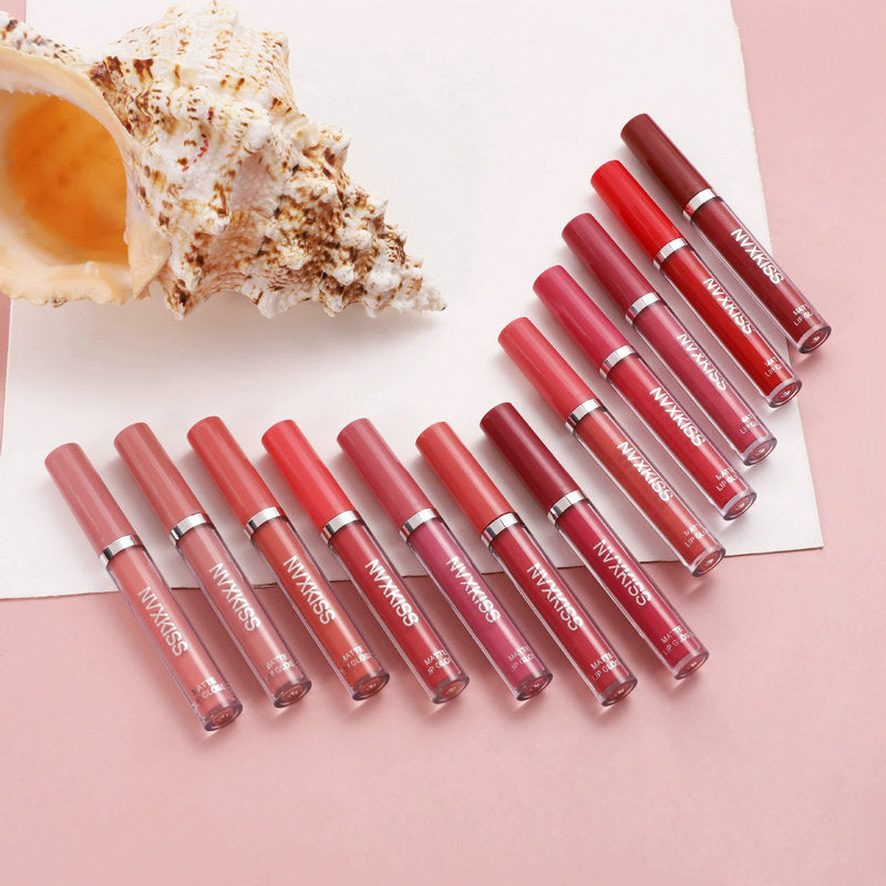 New NVXKISS lip glaze 12-pack lip glaze set matte matte matte ကတ္တီပါ non-stick cup မှ fading non-fading lip gloss 