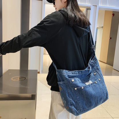 Korean style all-match retro denim women's bag Zhonggu Ruiying large capacity shoulder commuter bag student class bag crossbody bag 