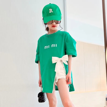 2023 new summer girls' bow T-shirt mid-length slit Korean version trendy fashion top short-sleeved medium and large children 