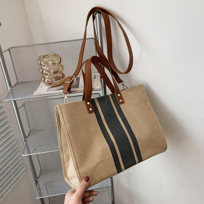 Korean style new women's portable briefcase professional commuting striped simple shoulder large bag large capacity canvas bag 