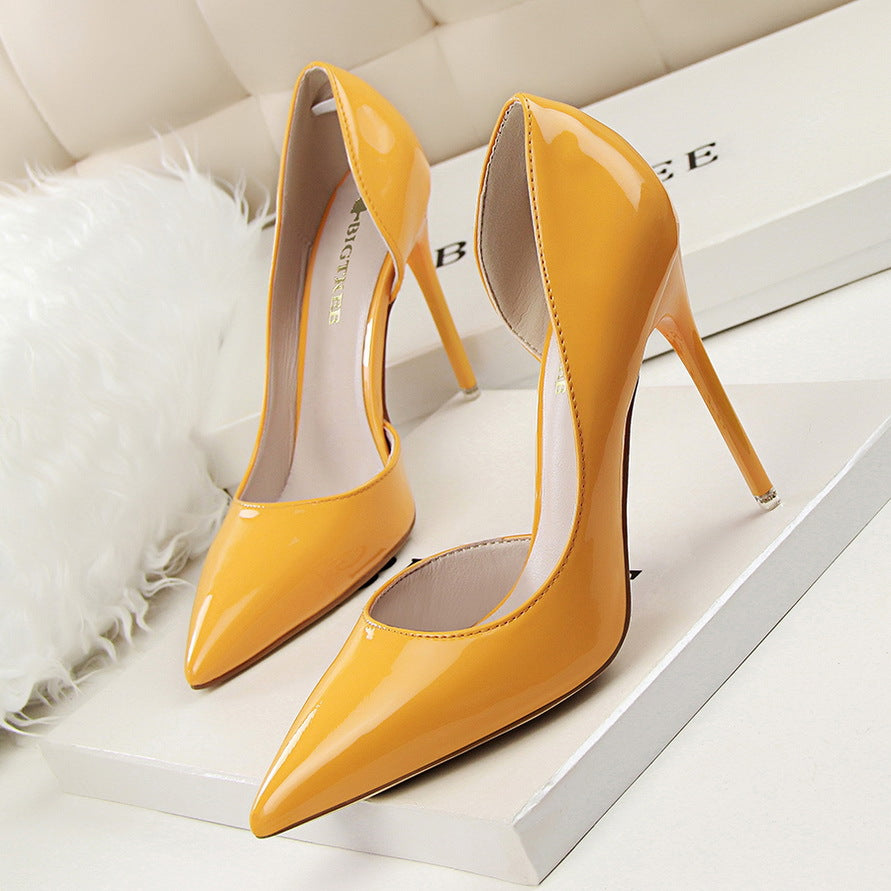 638-5 Korean style fashionable simple stiletto high heels patent leather shallow mouth pointed toe hollow sexy slim high heels shoes