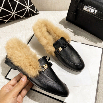 Fur shoes women's 2023 autumn and winter rabbit fur cotton shoes plus velvet small leather shoes flat bottom British slip-on trendy peas shoes 