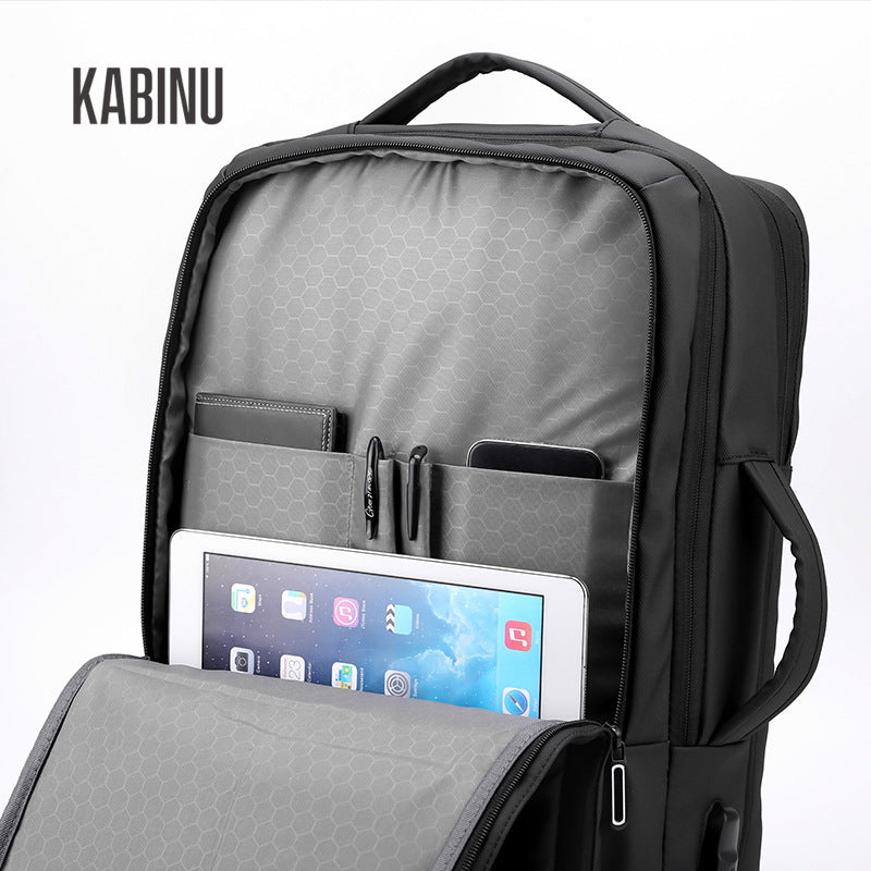 Kabinu leather film backpack solid color business lightweight backpack computer bag expansion backpack USB middle school student school bag 