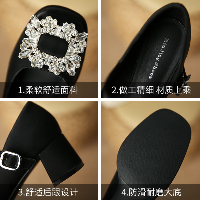 JH628-3 Shallow mouth mid-heel single shoes women's rhinestone square buckle one-word belt buckle chunky heel French Mary Jane shoes