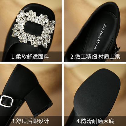 JH628-3 Shallow mouth mid-heel single shoes women's rhinestone square buckle one-word belt buckle chunky heel French Mary Jane shoes