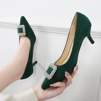 Korean version of the new fairy style high heels stiletto medium heel shallow mouth pointed toe rhinestone single shoes daily manufacturers send one piece 