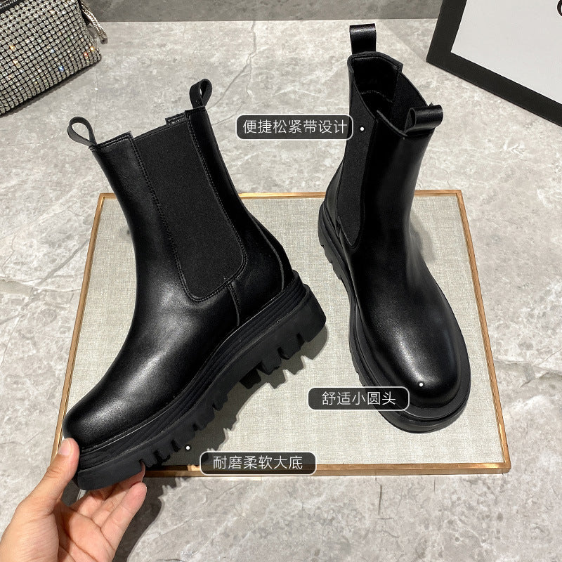 Leather Chelsea boots mid-tube boots women's boots genuine leather 2023 autumn and winter new thick-soled chimney boots British style boots for women