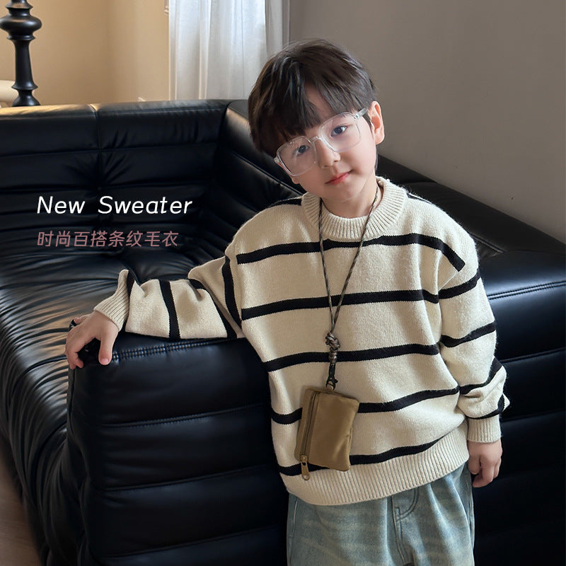 Amo Beibei children's warm sweater 2023 winter boys and girls baby all-match thickened striped round neck sweater 