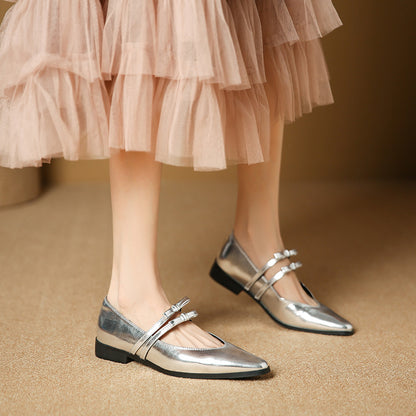 771-10 Silver Pointed Toe Strap Medium Heel Single Shoes New French Style Small Fragrance Flat Shoes Women's Shoes 