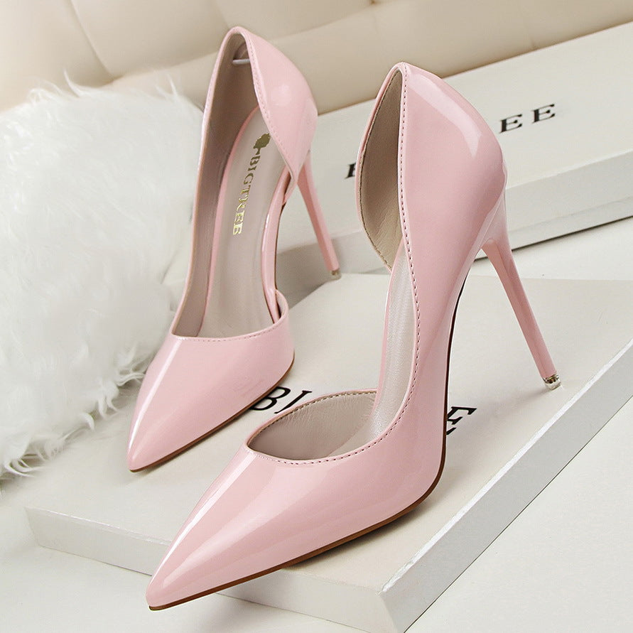 638-5 Korean style fashionable simple stiletto high heels patent leather shallow mouth pointed toe hollow sexy slim high heels shoes