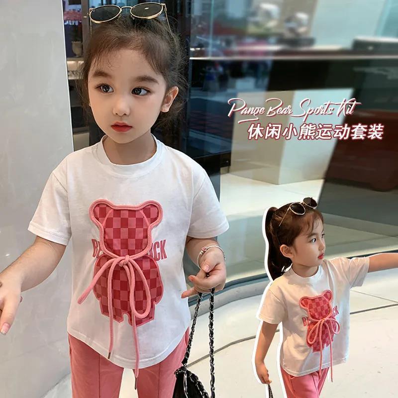 2023 Spring and Summer New Girls Short-Sleeved Tops Flared Pants Fashion Suit Two-piece Casual Bear Sports Suit 