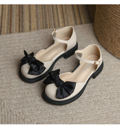 Baotou women's shoes 2023 summer new princess shoes bowknot flower thick bottom Baotou round toe women's shoes soft leather soft bottom 