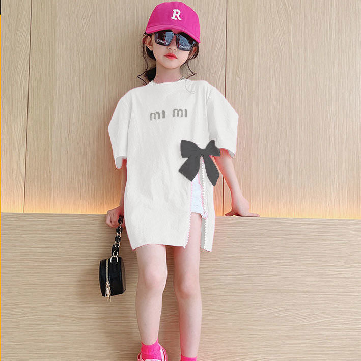 2023 new summer girls' bow T-shirt mid-length slit Korean version trendy fashion top short-sleeved medium and large children 