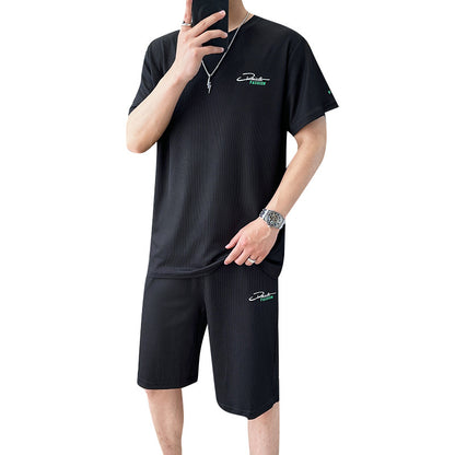 High-quality ice silk casual sports suit men's summer new round neck short-sleeved shorts fitness running two-piece suit