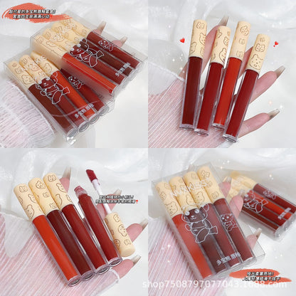 NVXKISS Duobao Bear 4 pack lip glaze matte matte velvet lip glaze လက်ကားအဖြူရောင်လက်ဆောင် 