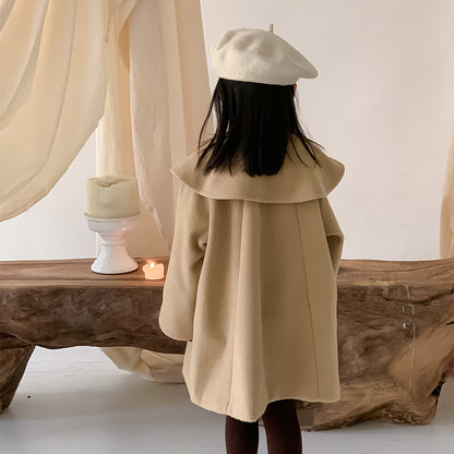 2023 Winter New Children's Tweed Coat Girls Baby Plus Velvet Thickened Bowknot Camel Cape Coat 