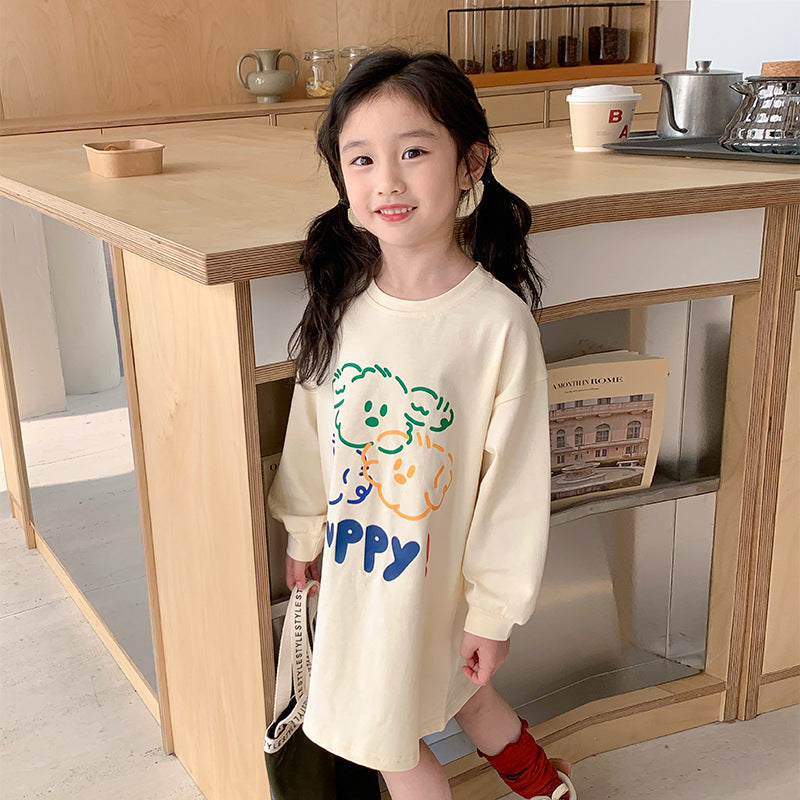 Korean children's clothing 2024 spring new girls cute puppy print T-shirt children's mid-length long-sleeved top 