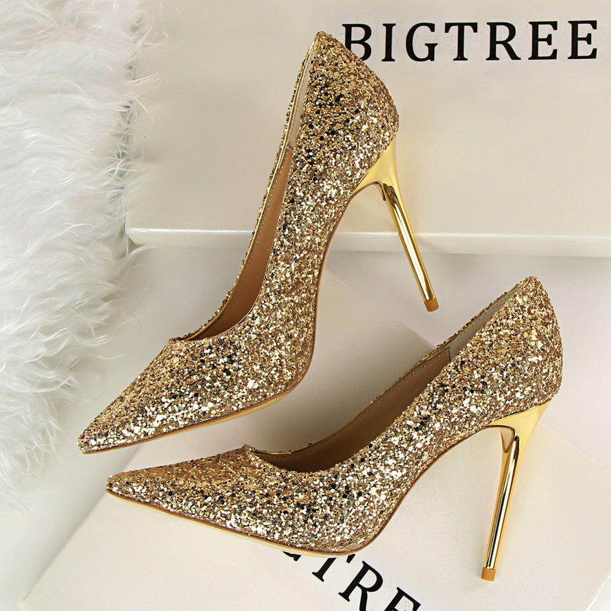 9219-1 European and American style women's shoes, high heels, shallow mouth, pointed toe, sparkling sequins, sexy slimming nightclub high heels single shoes 