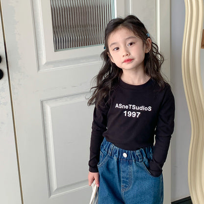 Korean children's clothing 2024 spring new children's letter print short tight top girls casual long-sleeved T-shirt 