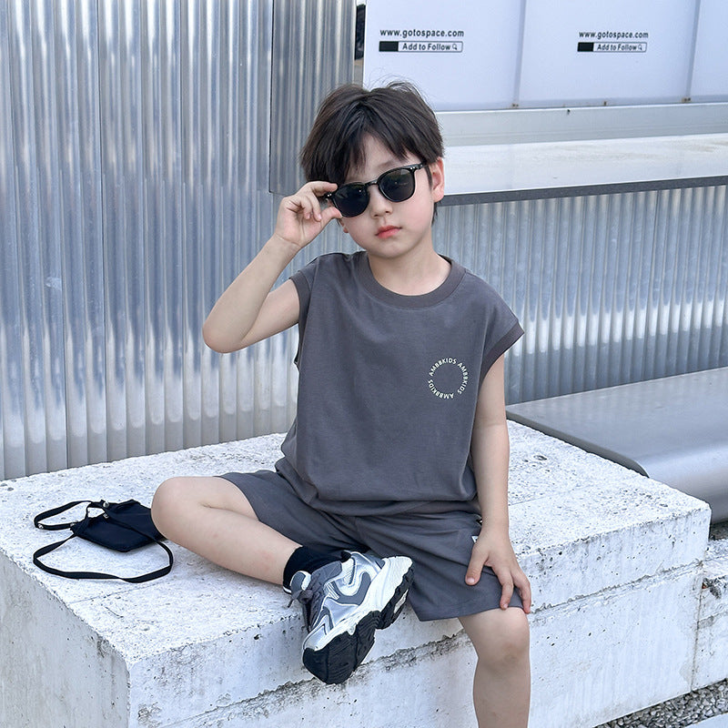 Elmo Beibei Boys 2024 Summer Letter Loose Vest Sports Suit Baby Korean Style ချောမောသော လက်ပြတ် နှစ်ကွက်တွဲ 