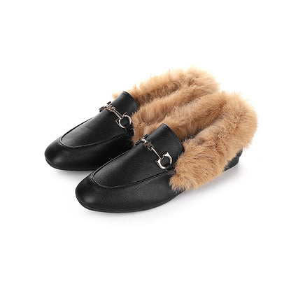 Fur shoes women's 2023 autumn and winter rabbit fur cotton shoes plus velvet small leather shoes flat bottom British slip-on trendy peas shoes 