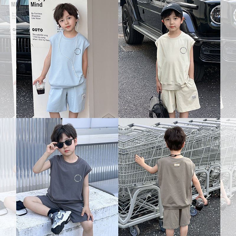 Elmo Beibei Boys 2024 Summer Letter Loose Vest Sports Suit Baby Korean Style ချောမောသော လက်ပြတ် နှစ်ကွက်တွဲ 