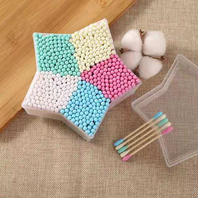 [Xinlemei] 500 five-pointed star boxed double-ended colored cotton swabs with pointed ends for makeup and cleaning household cotton swabs 