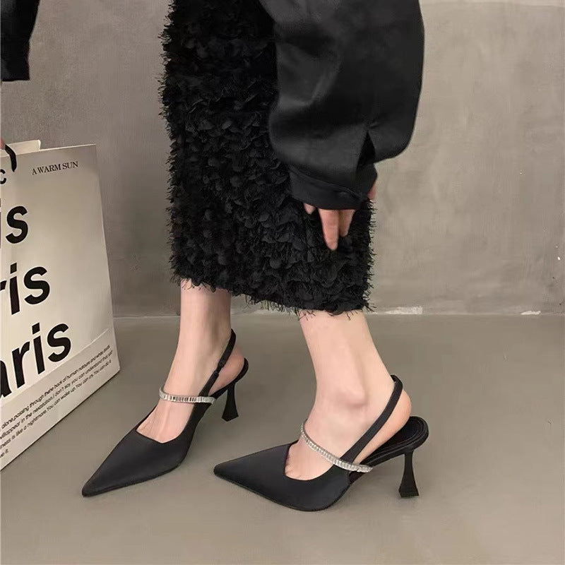 High-heeled sandals high heels Baotou high-heeled shoes women's summer French pointed toe simple stiletto black large size 