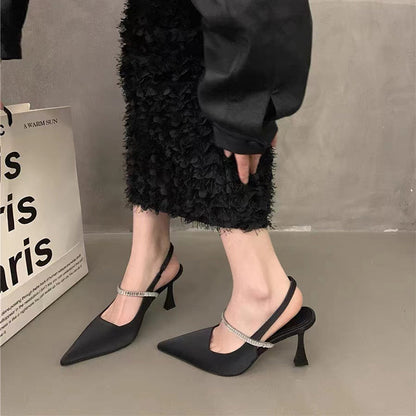 High-heeled sandals high heels Baotou high-heeled shoes women's summer French pointed toe simple stiletto black large size 