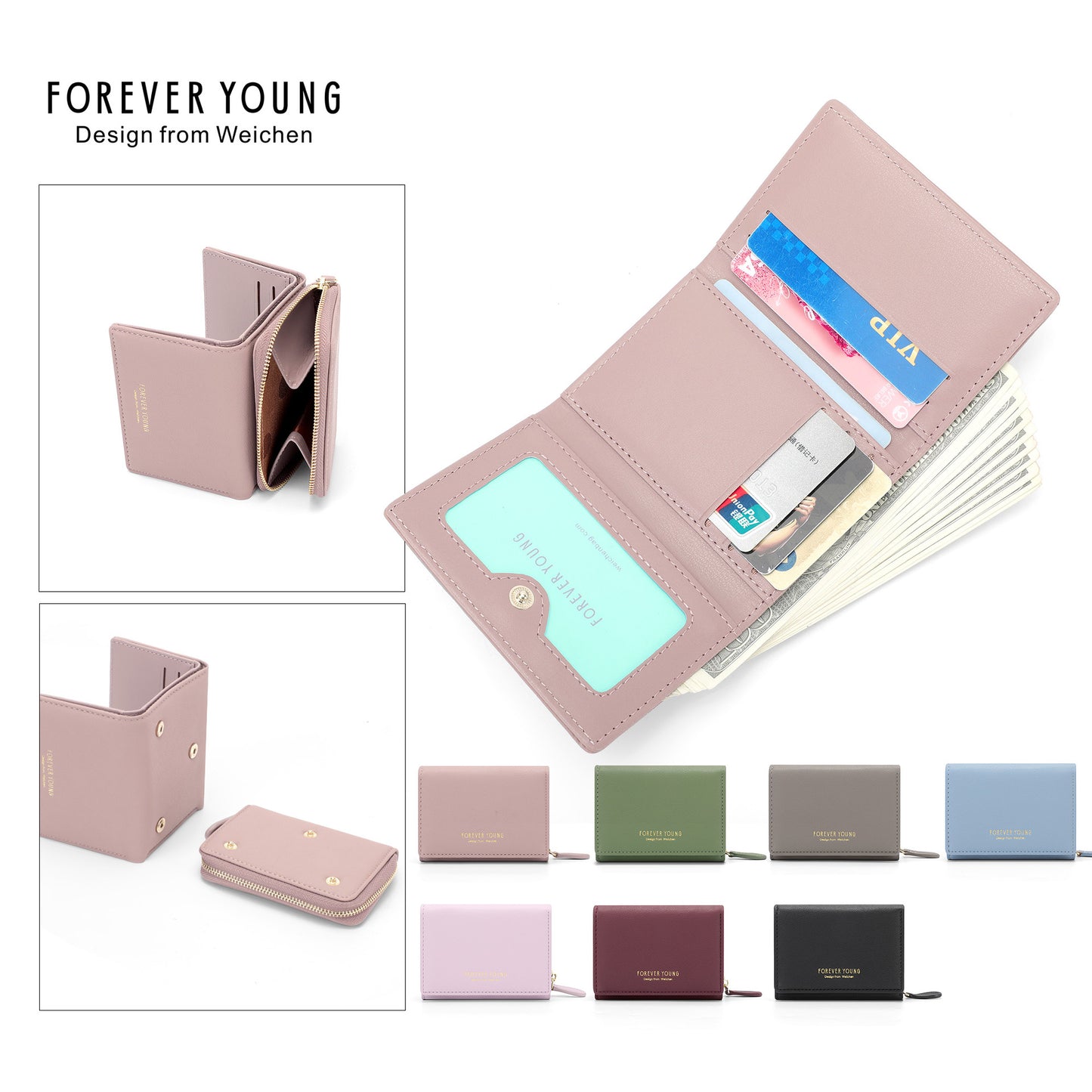 Forever Young Women's Short Wallet Ticket Holder 30% Off ပေါ့ပါးသော ဘက်စုံသုံး နှစ်မျိုးသုံး ကတ်ကိုင်ဆောင်သူ အမျိုးသမီးများ အကြွေစေ့အိတ် 