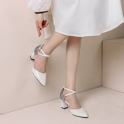 High-heeled sandals women's 2023 fashion cross strap thick heel pointed toe hollow dance single shoes splicing sequins sweet style 