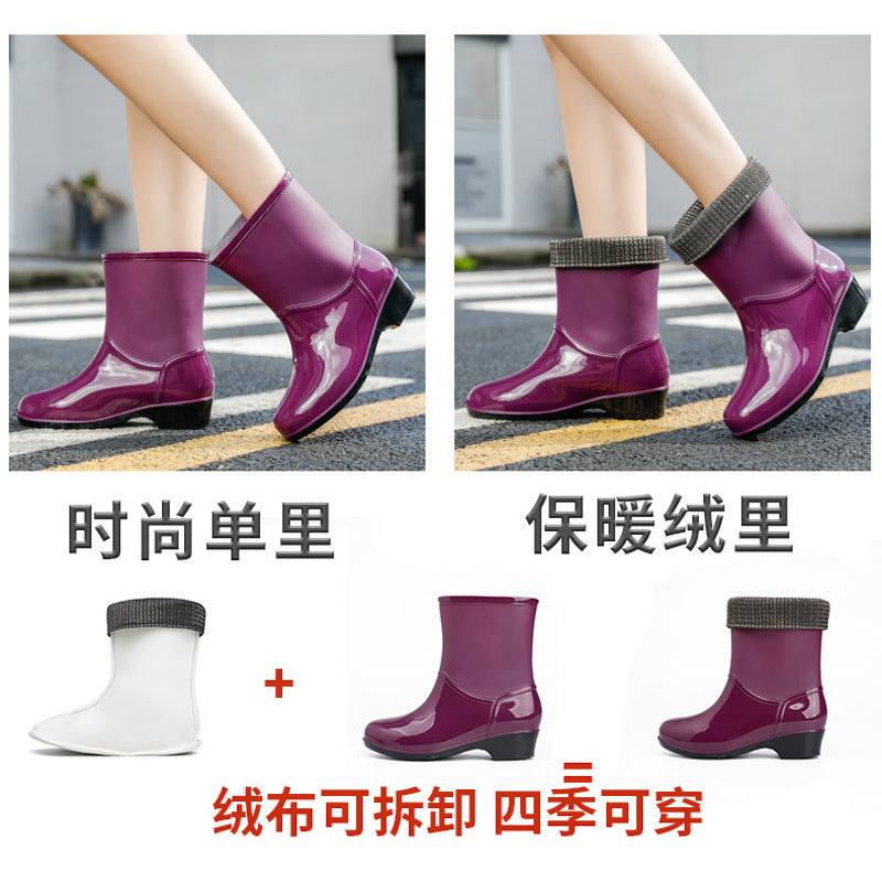 Mid-tube rain boots women's fashion plus velvet cotton cover detachable non-slip wear-resistant waterproof PVC water shoes adult rain boots wholesale 