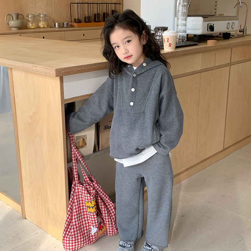 Korean children's clothing 2024 spring new girls suit children's stylish hooded sweatshirt wide-leg pants two-piece suit 