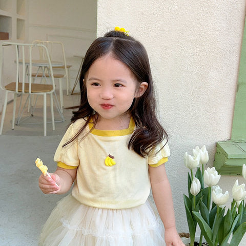 2023 children's ice silk square neck short-sleeved T-shirt summer new style girls' cute and fashionable versatile tops baby Korean version 