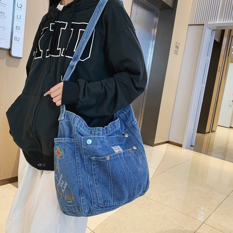 Korean style all-match retro denim women's bag Zhonggu Ruiying large capacity shoulder commuter bag student class bag crossbody bag 