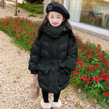 Girls new cotton coat with bow tie Korean style waist thick warm long cotton coat for middle and large children three-proof wash-free fabric 