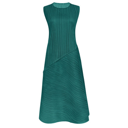 2023 summer Miyake air sense loose pleated sleeveless dress women's mid-length simple splicing irregular skirt 