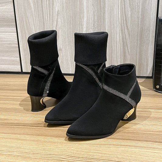 Fashionable rhinestone high-heeled boots women's 2023 autumn and winter new women's shoes matte leather slimming stiletto pointed-toed boots 